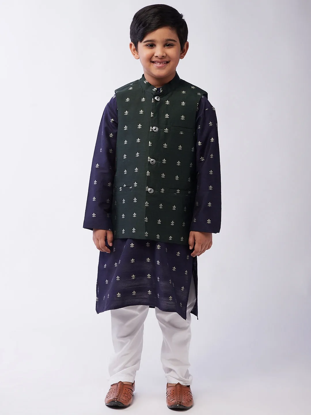 Kid's Cotton Blend Navy Blue Kurta & Dark Green Nehru Jacket With White Churidar Pyjama Set  - Sojanya KID