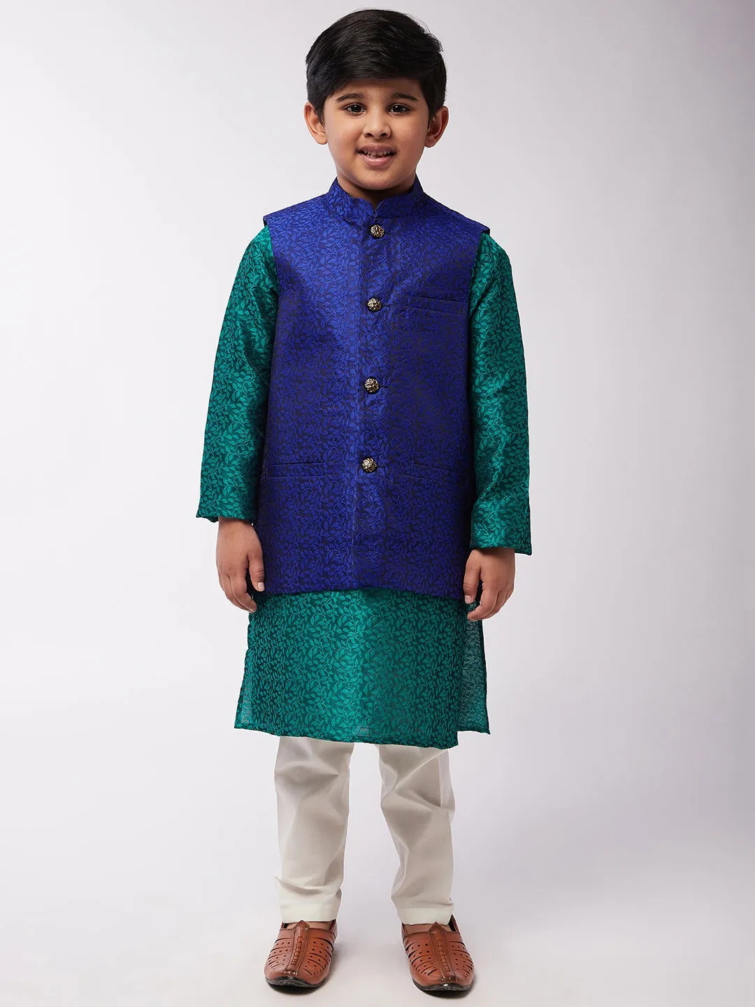 Kid's Jacquard Silk Dark Green Kurta & RBlue Nehrujacket With Off-White Churidar Pyjama Set  - Sojanya KID