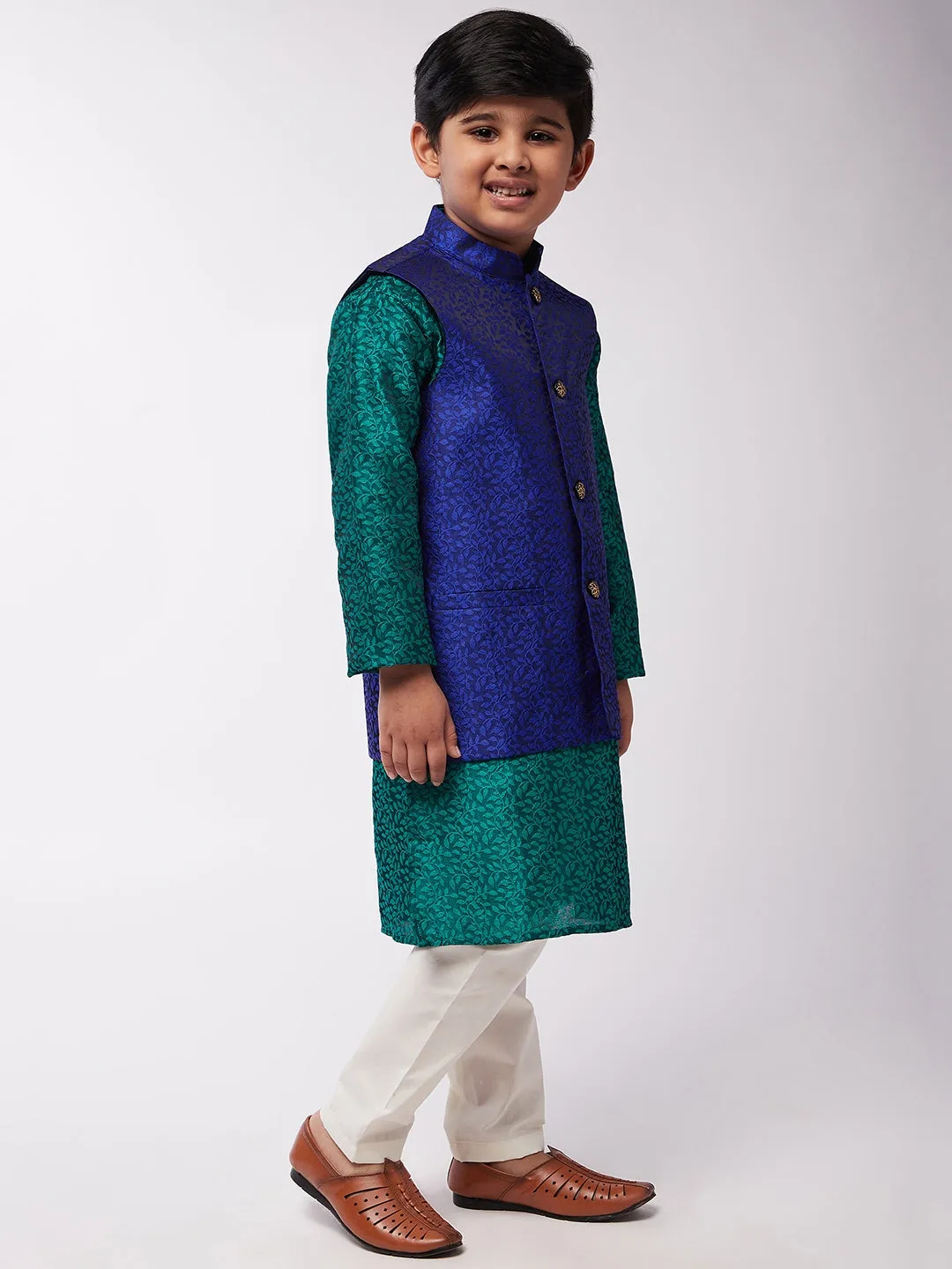 Kid's Jacquard Silk Dark Green Kurta & RBlue Nehrujacket With Off-White Churidar Pyjama Set  - Sojanya KID