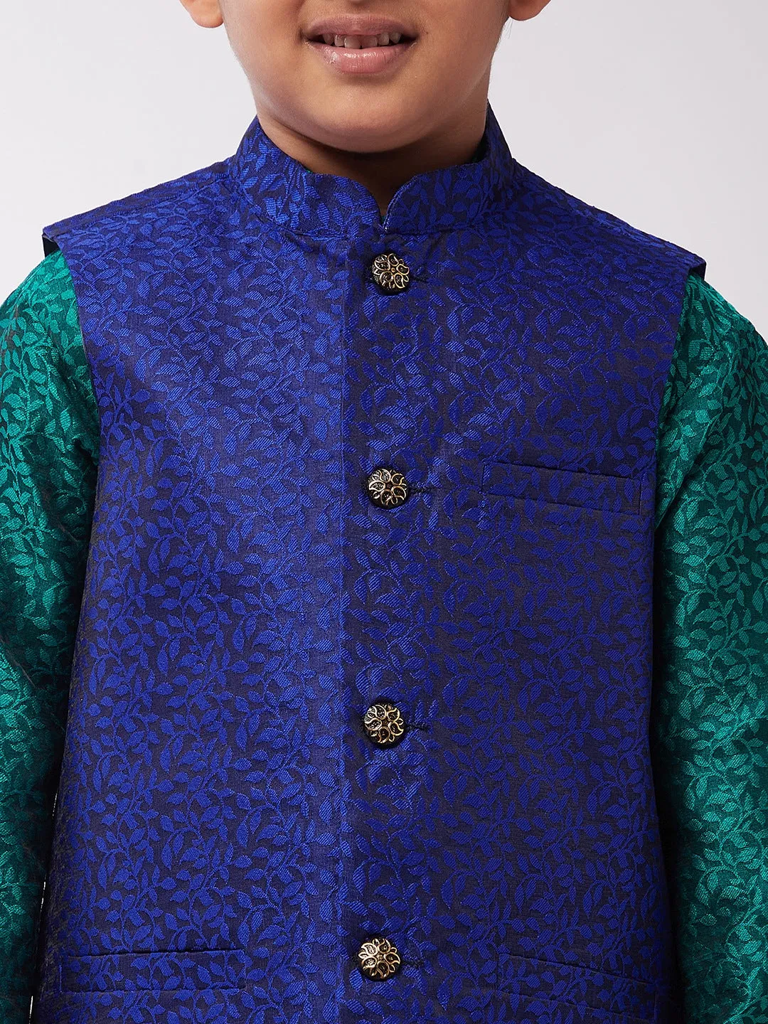 Kid's Jacquard Silk Dark Green Kurta & RBlue Nehrujacket With Off-White Churidar Pyjama Set  - Sojanya KID