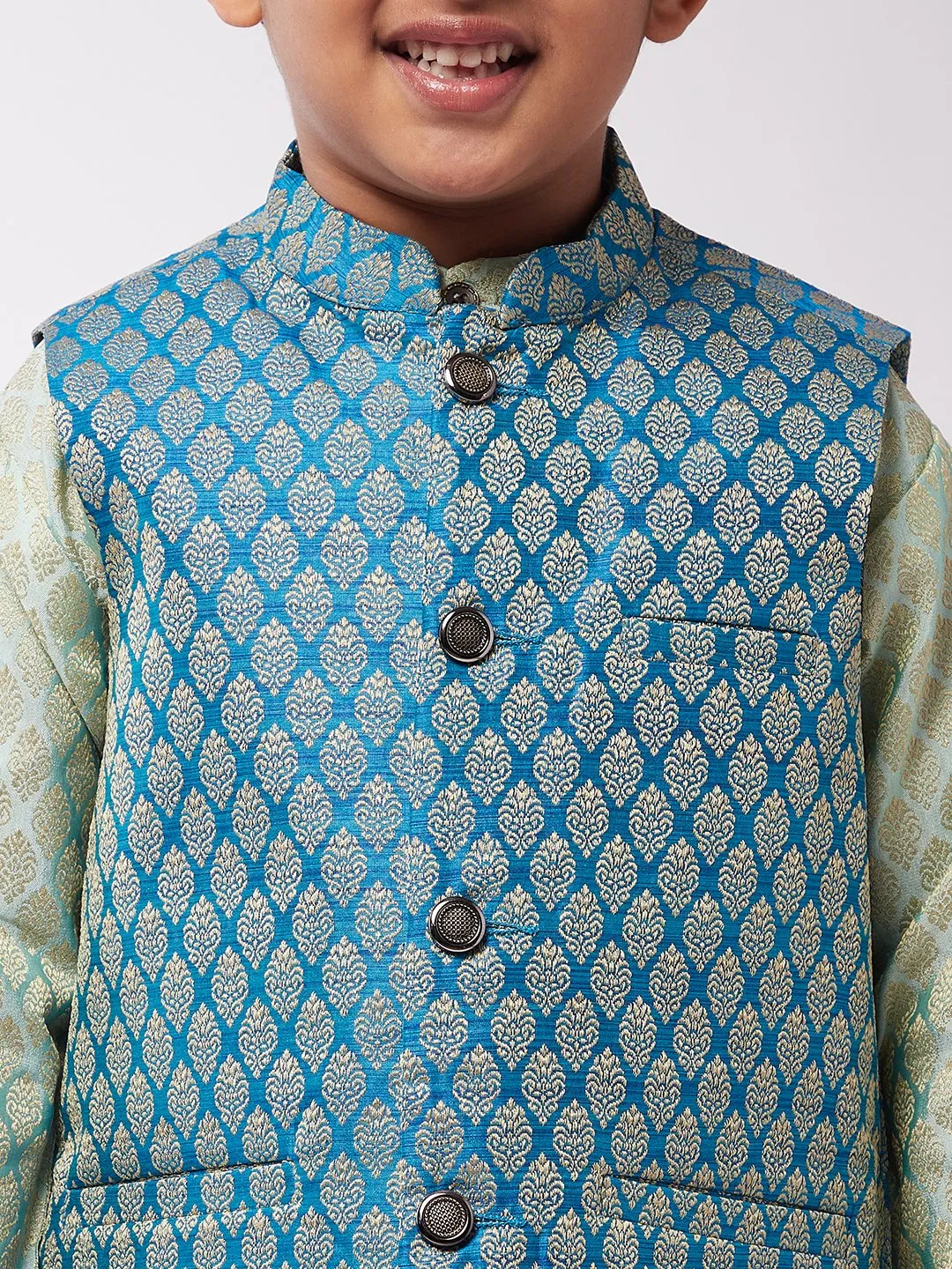 Kid's Jacquard Silk Pista Green Kurta & Peacock Blue Nehrujacket With Off-White Churidaar Pyjama - Sojanya KID