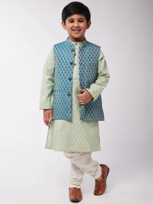 Kid's Jacquard Silk Pista Green Kurta & Peacock Blue Nehrujacket With Off-White Churidaar Pyjama - Sojanya KID