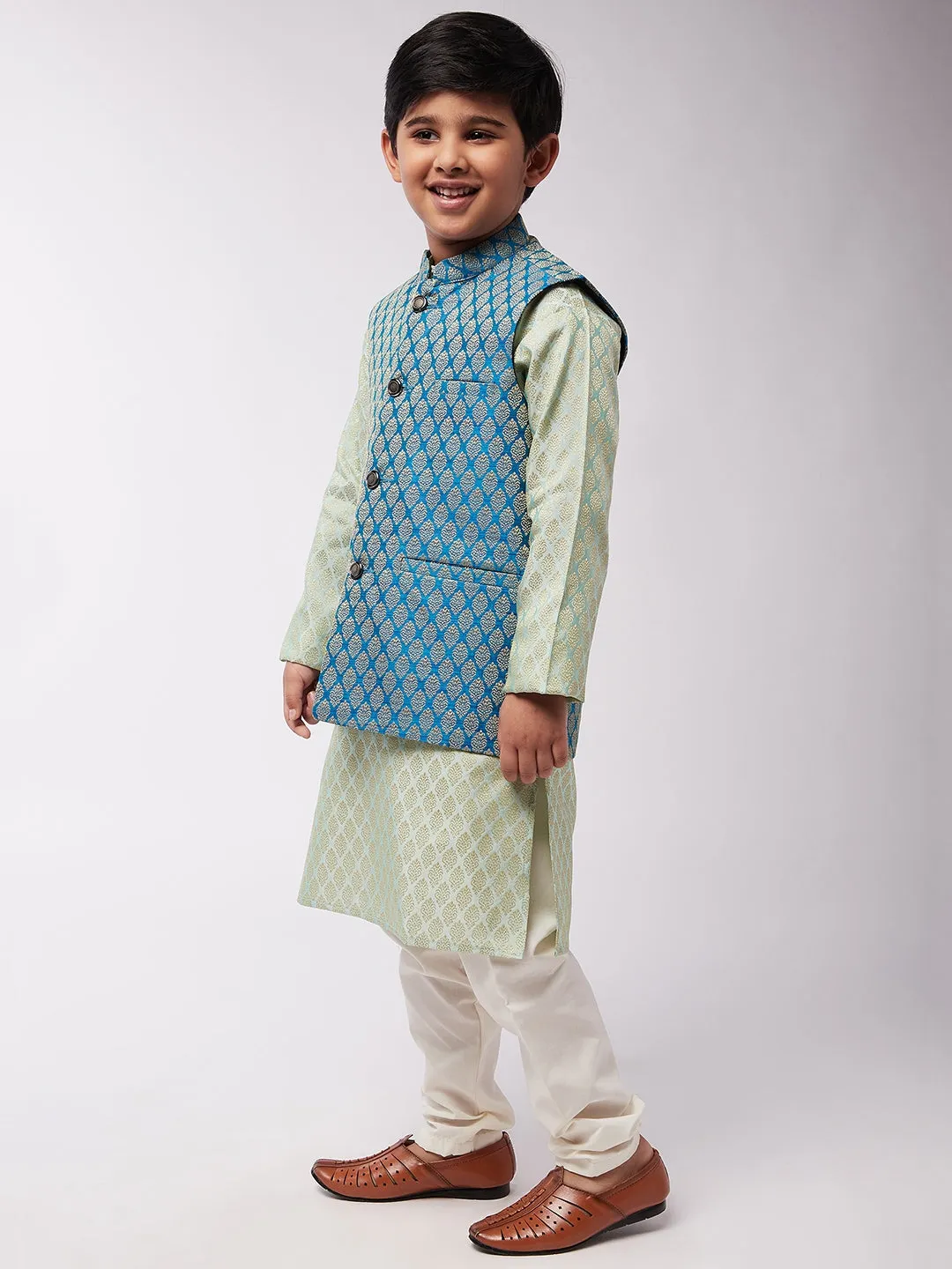 Kid's Jacquard Silk Pista Green Kurta & Peacock Blue Nehrujacket With Off-White Churidaar Pyjama - Sojanya KID