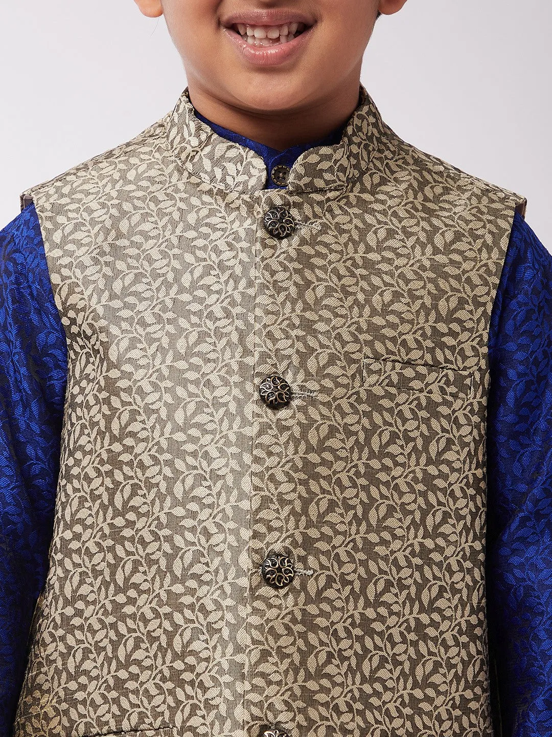 Kid's Jacquard Silk RBlue Kurta & Beige Nehrujacket With Off-White Churidar Pyjama Set  - Sojanya KID