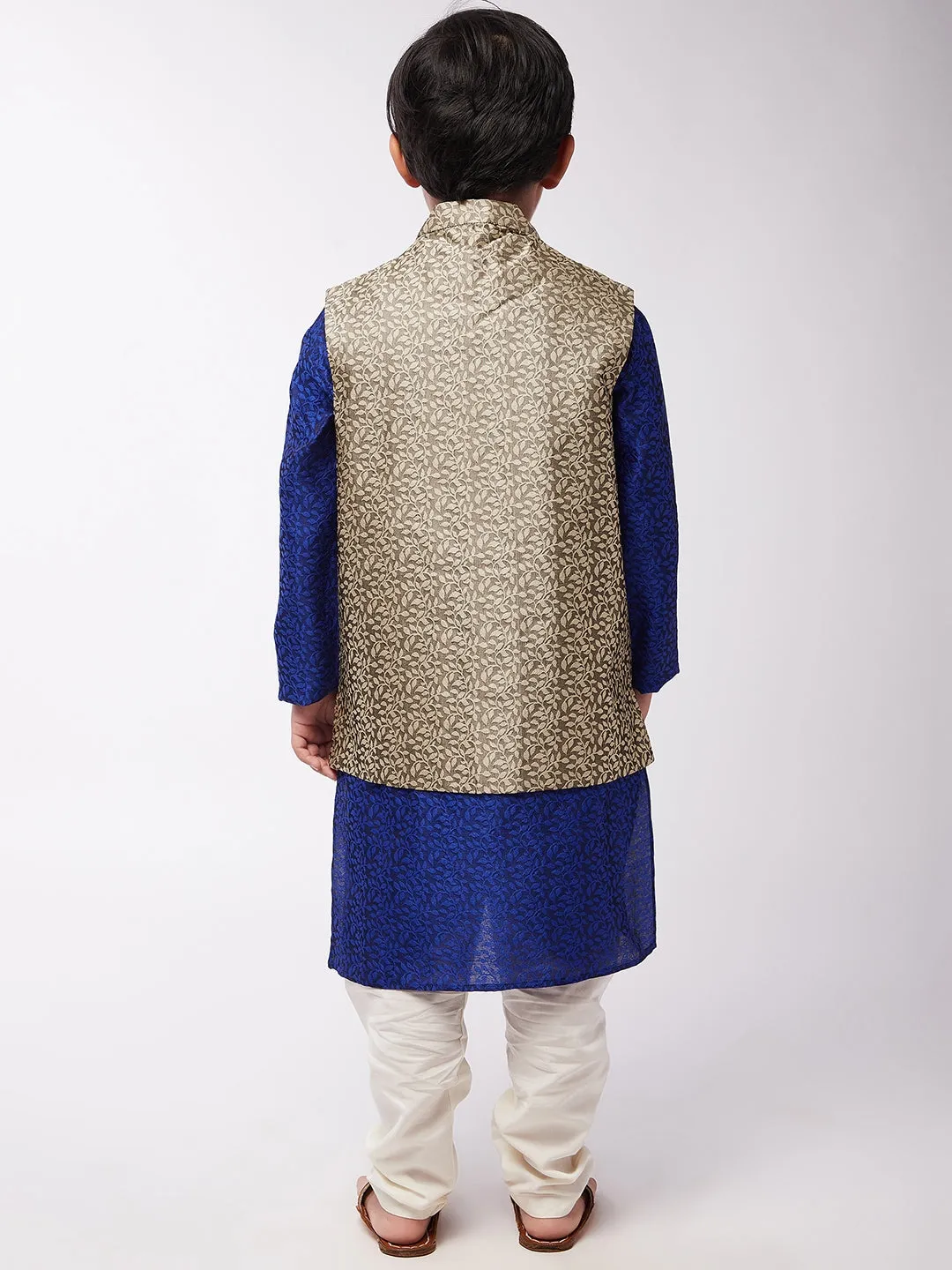 Kid's Jacquard Silk RBlue Kurta & Beige Nehrujacket With Off-White Churidar Pyjama Set  - Sojanya KID