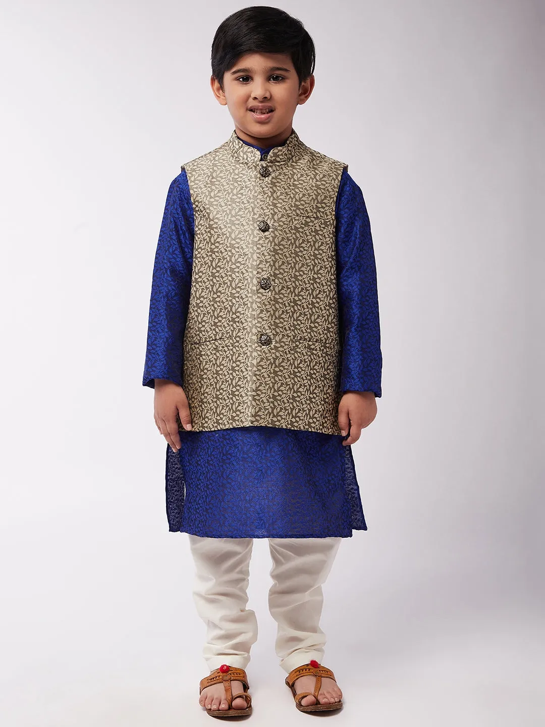 Kid's Jacquard Silk RBlue Kurta & Beige Nehrujacket With Off-White Churidar Pyjama Set  - Sojanya KID