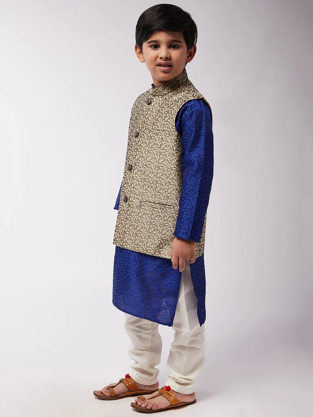 Kid's Jacquard Silk RBlue Kurta & Beige Nehrujacket With Off-White Churidar Pyjama Set  - Sojanya KID