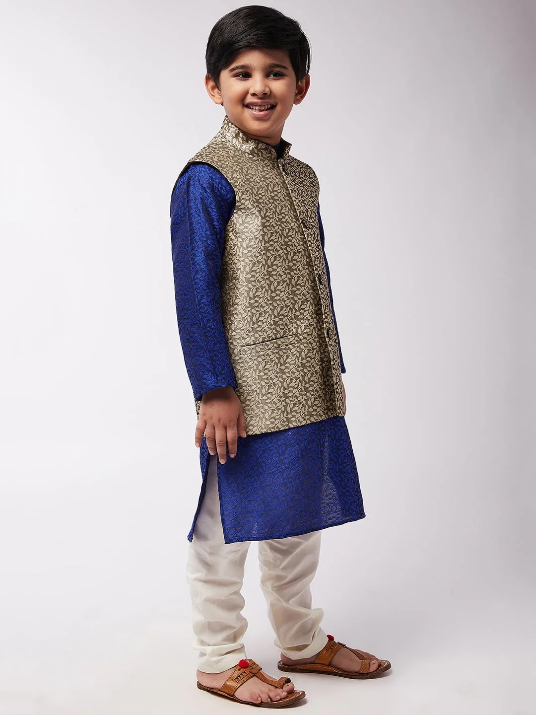 Kid's Jacquard Silk RBlue Kurta & Beige Nehrujacket With Off-White Churidar Pyjama Set  - Sojanya KID