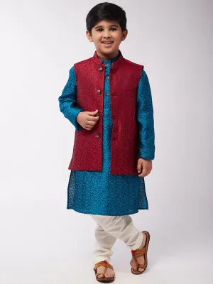 Kid's Jacquard Silk Teal Blue Kurta & Red Nehrujacket With Off-White Churidar Pyjama Set  - Sojanya KID