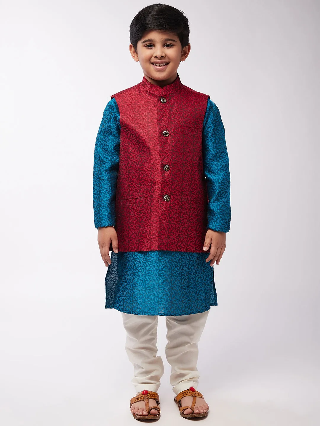 Kid's Jacquard Silk Teal Blue Kurta & Red Nehrujacket With Off-White Churidar Pyjama Set  - Sojanya KID