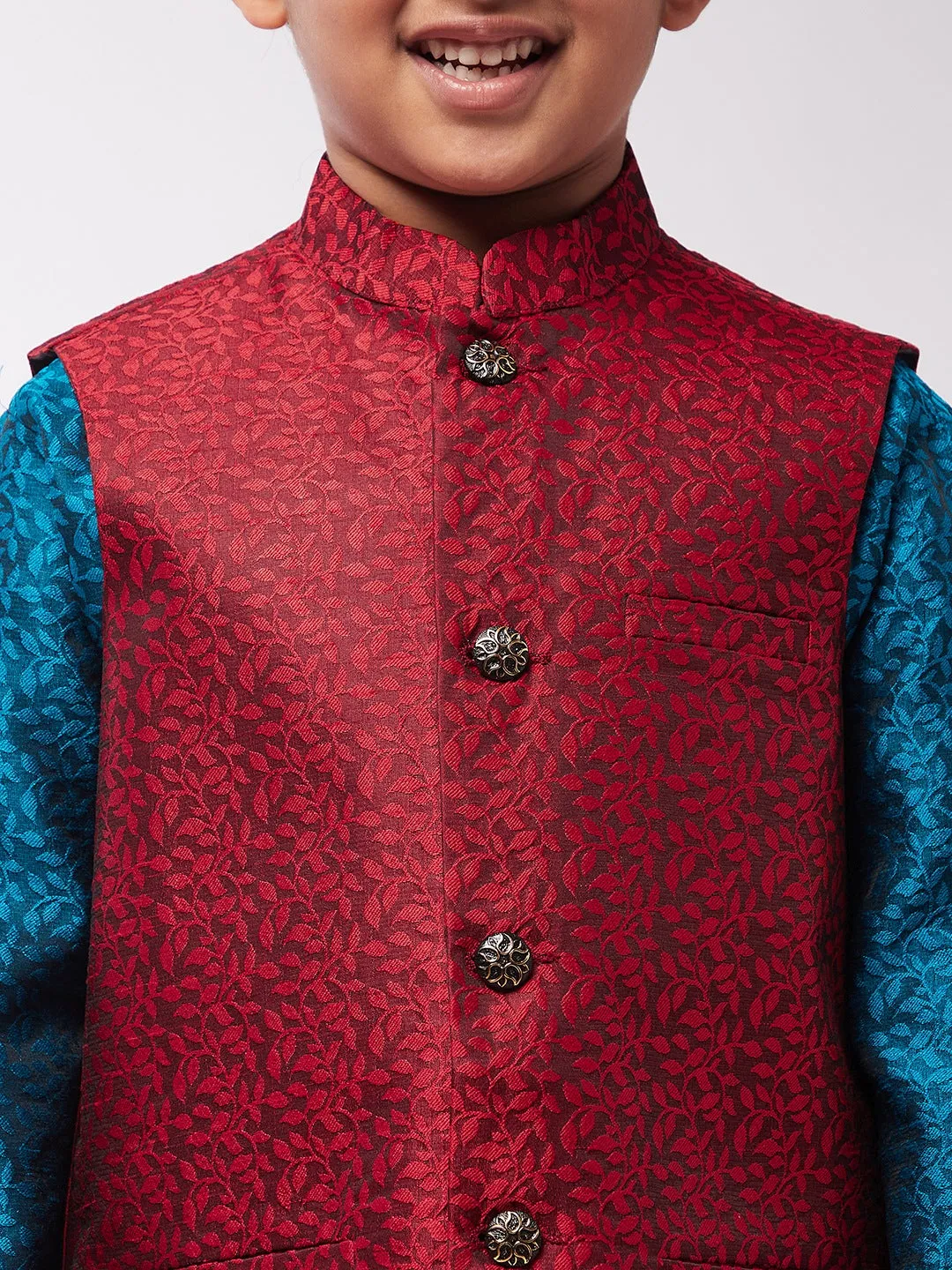 Kid's Jacquard Silk Teal Blue Kurta & Red Nehrujacket With Off-White Churidar Pyjama Set  - Sojanya KID