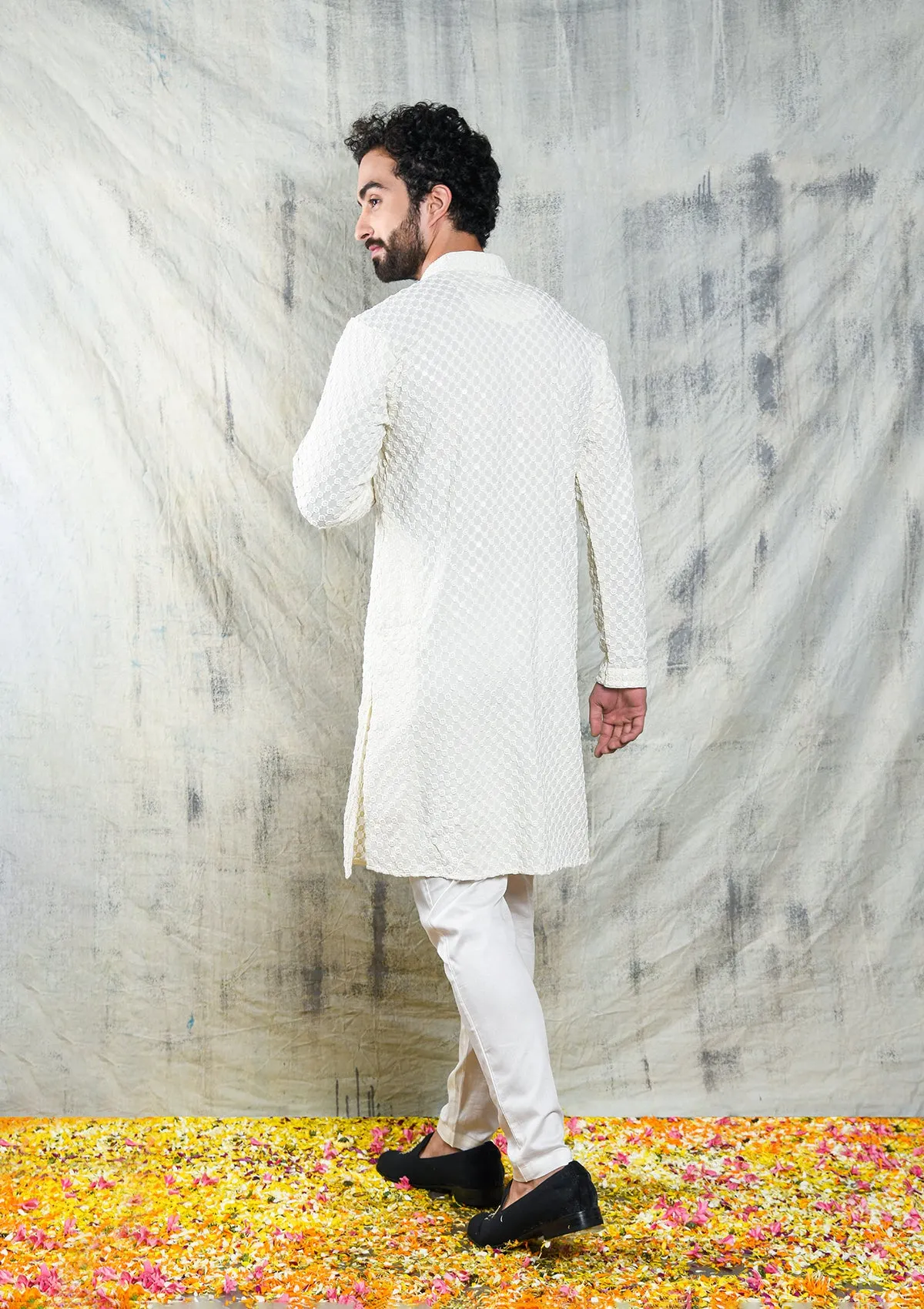 LIGHT IVORY SEQUIN EMBROIDERED KURTA PYJAMA SET