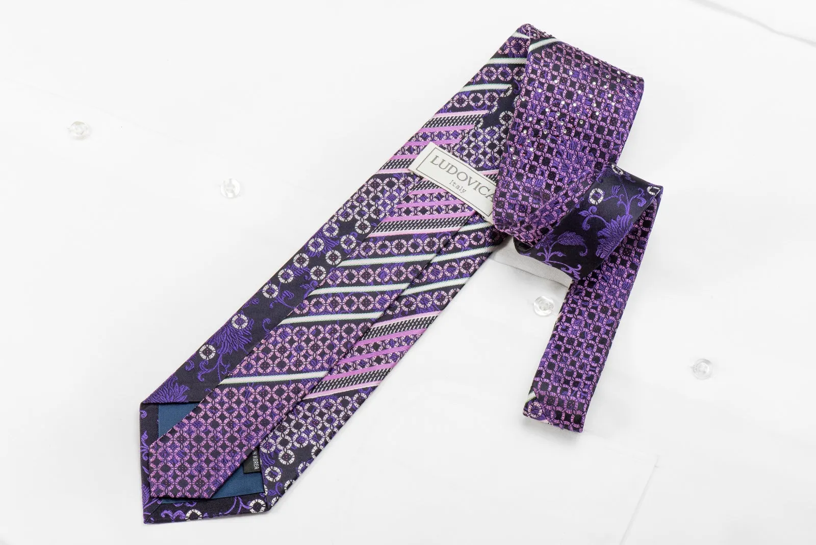 Ludovica Men's Crystal Silk Tie Striped & Purple Floral On Navy With Sparkles