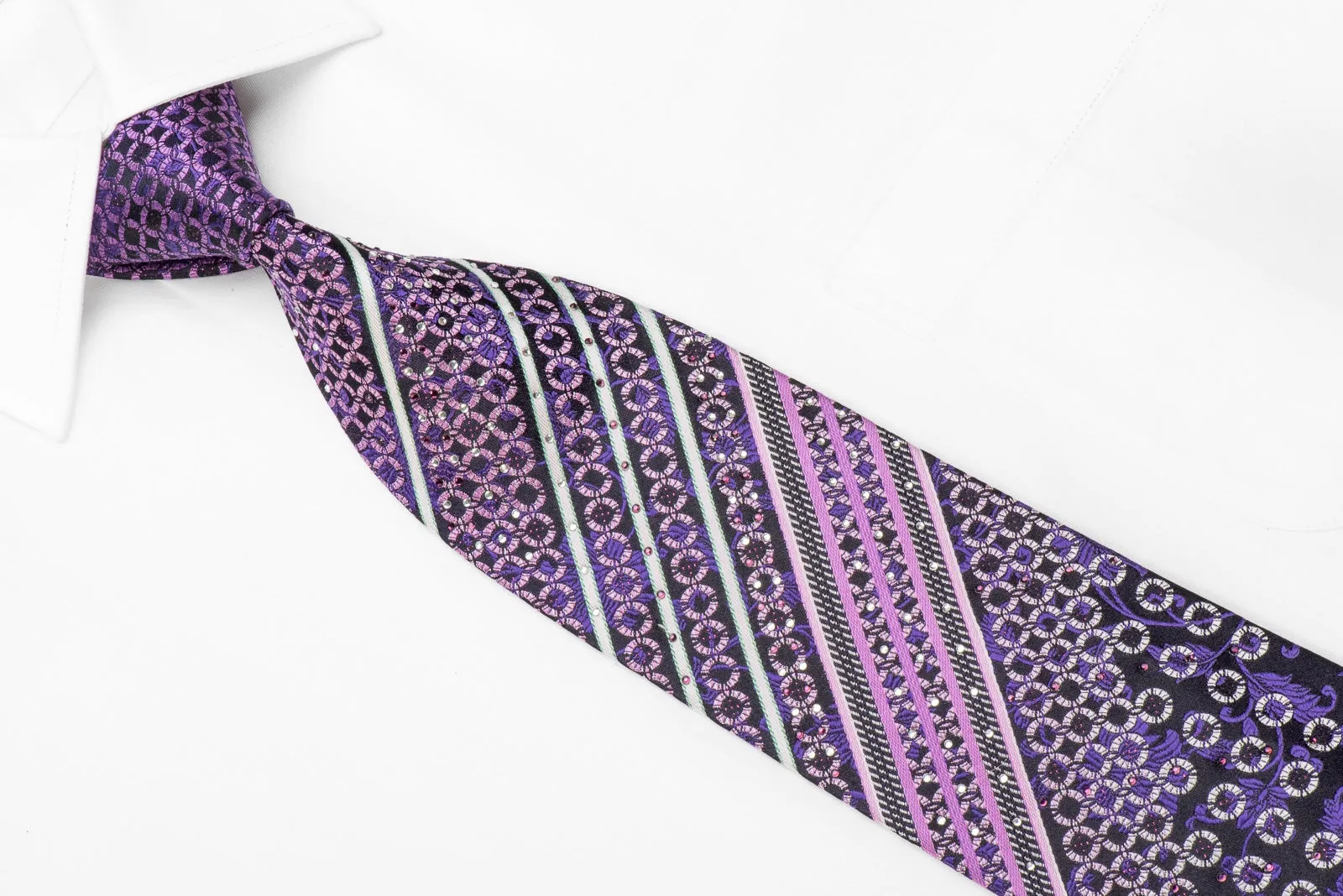 Ludovica Men's Crystal Silk Tie Striped & Purple Floral On Navy With Sparkles