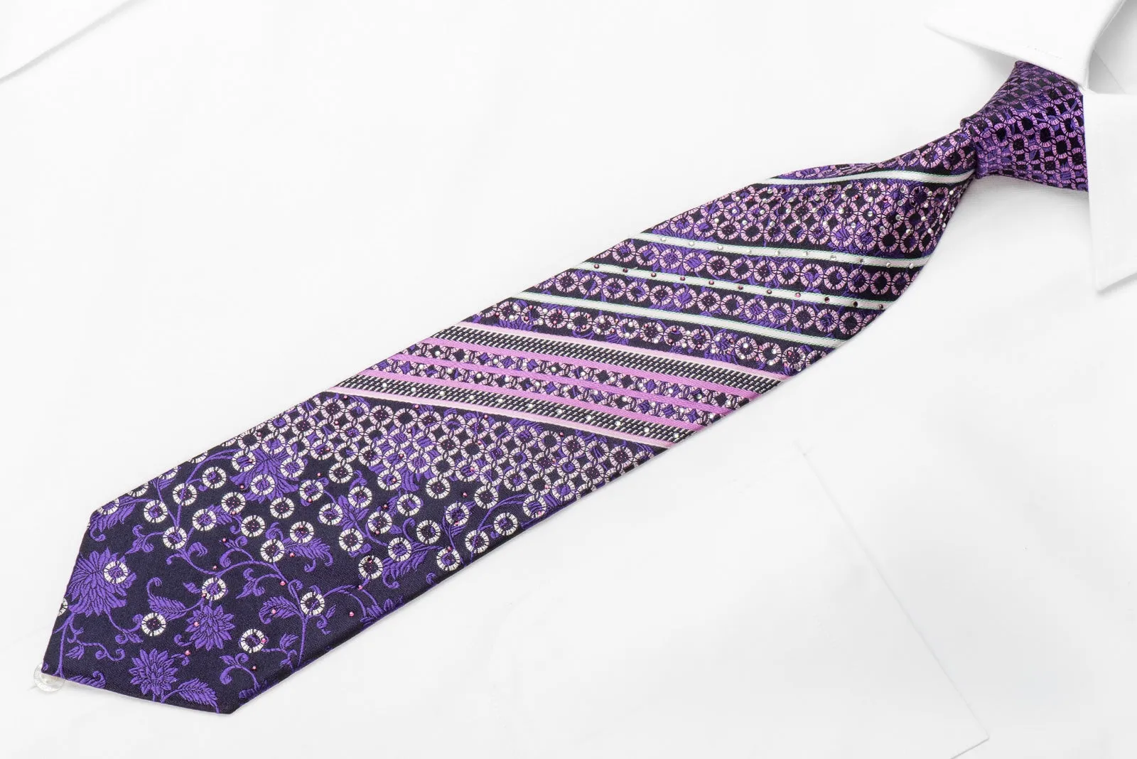 Ludovica Men's Crystal Silk Tie Striped & Purple Floral On Navy With Sparkles