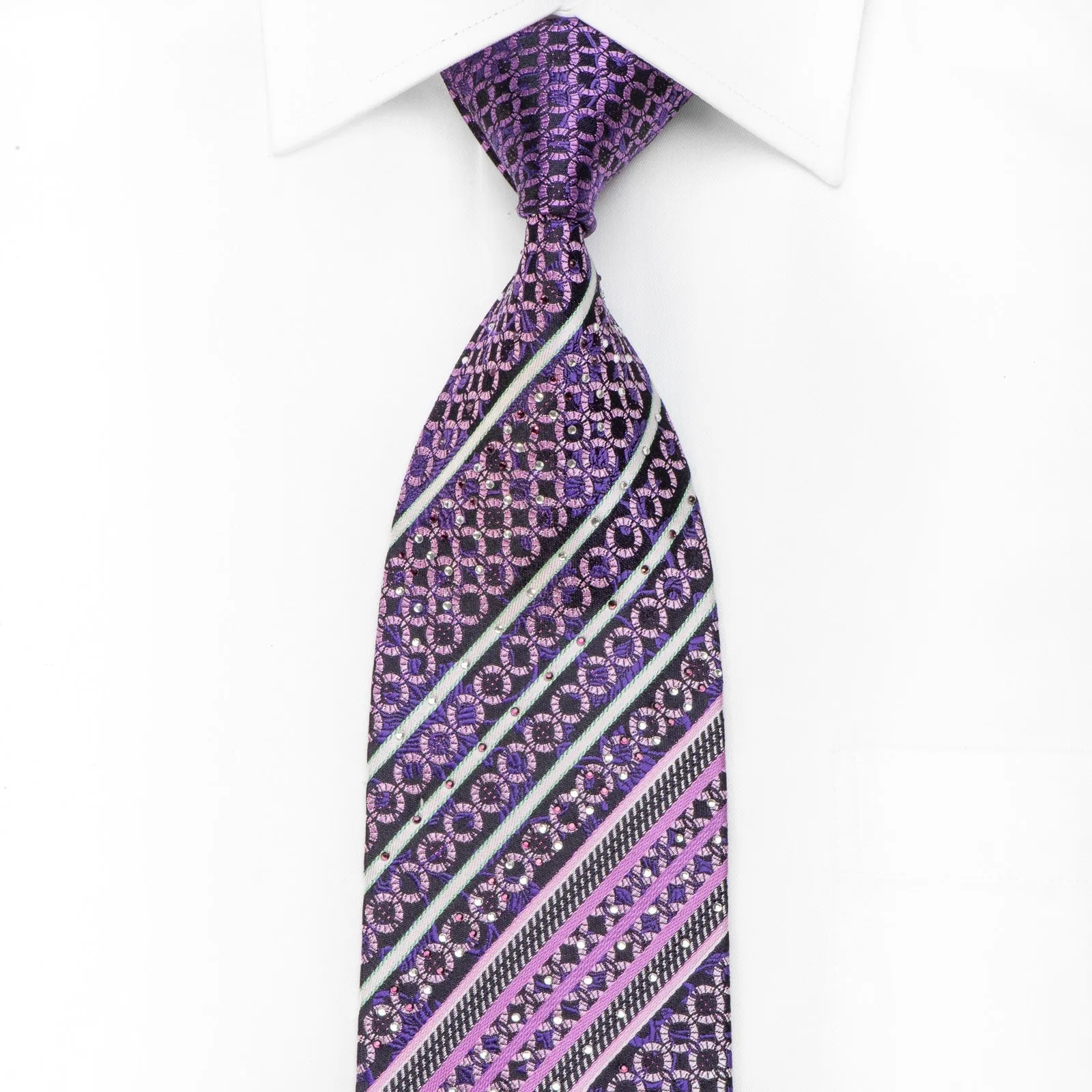 Ludovica Men's Crystal Silk Tie Striped & Purple Floral On Navy With Sparkles