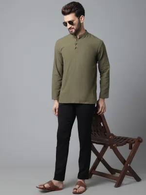 Men's Green Pure Cotton Kurta With Band Collar - Even Apparels