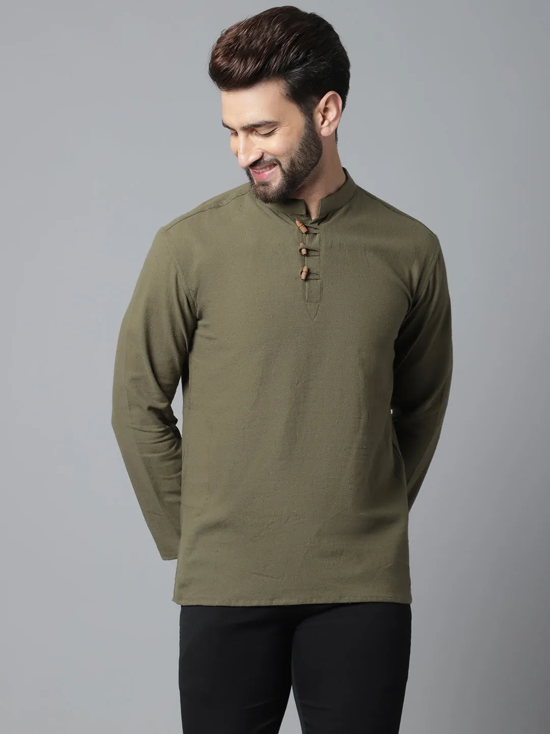 Men's Green Pure Cotton Kurta With Band Collar - Even Apparels