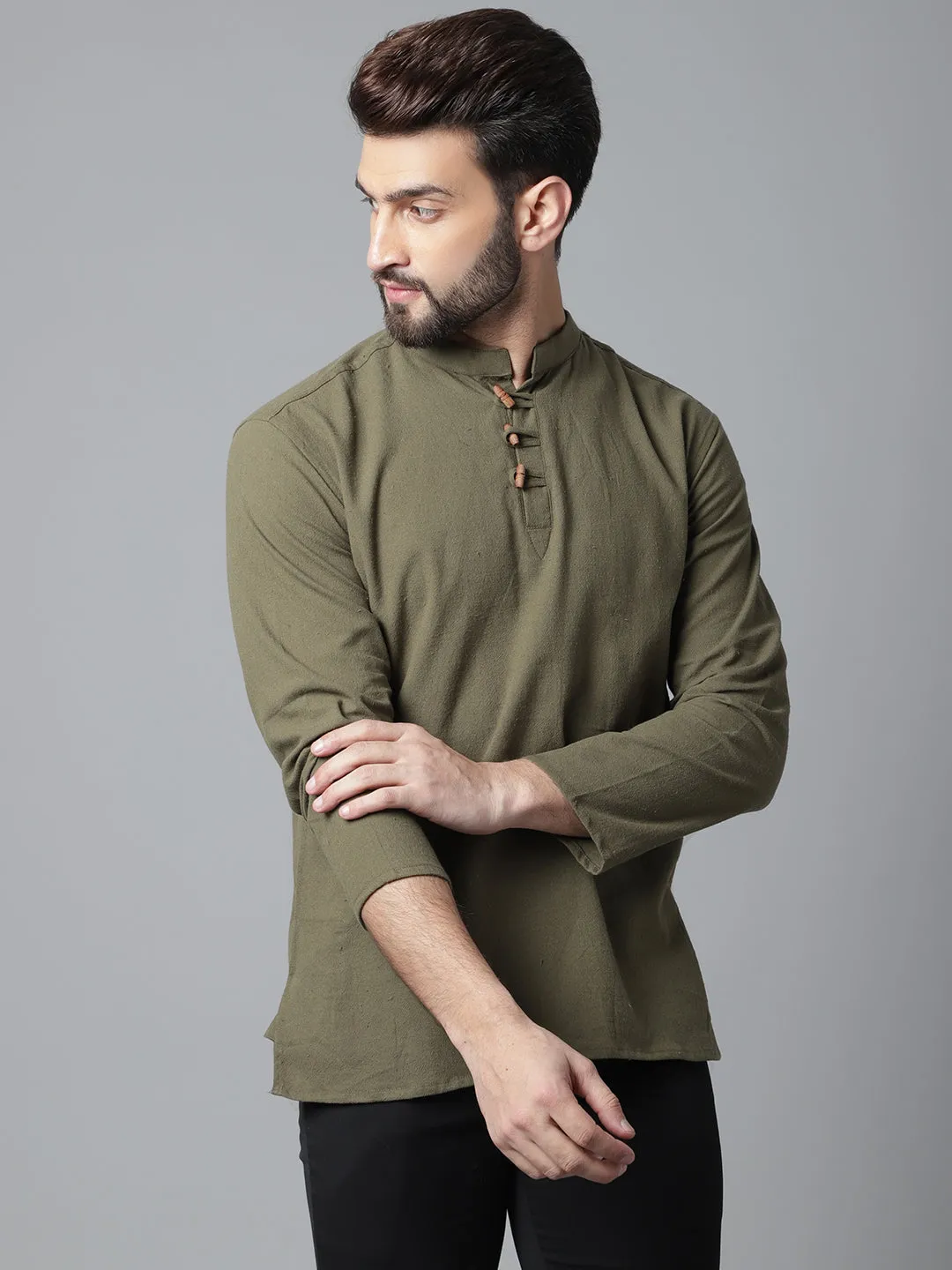 Men's Green Pure Cotton Kurta With Band Collar - Even Apparels