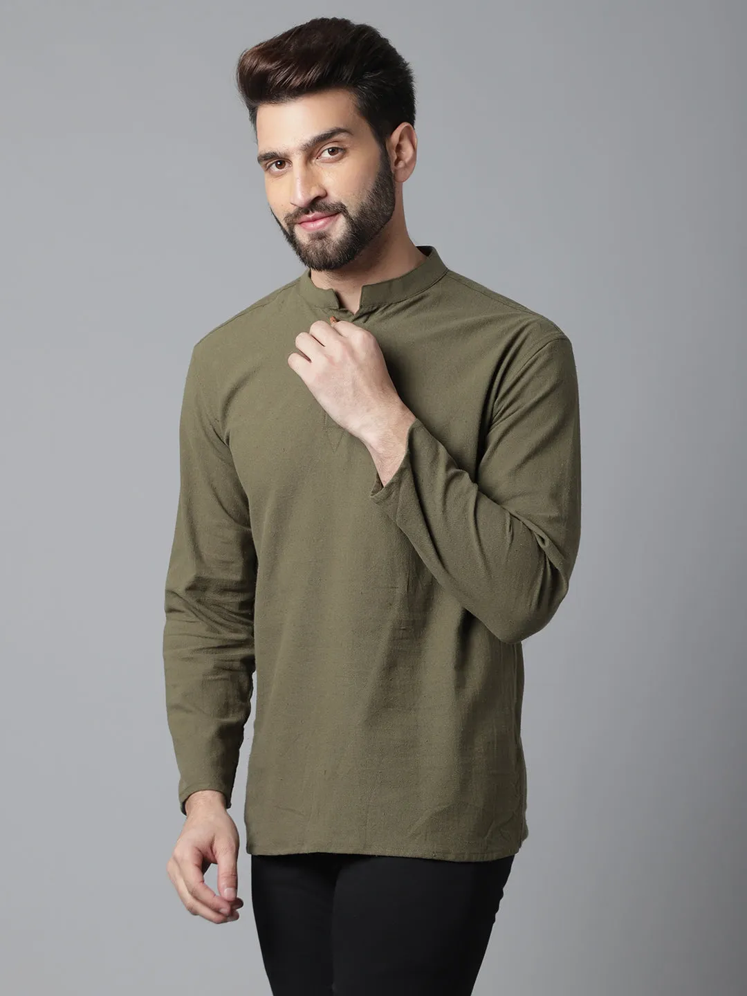 Men's Green Pure Cotton Kurta With Band Collar - Even Apparels