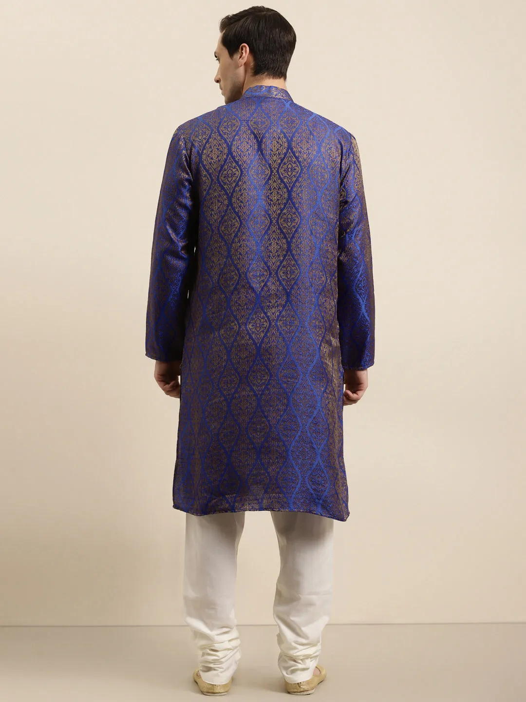 Men's Jacquard Silk Blue & Gold Kurta & Off-White Churidar Pyjama Set - Sojanya