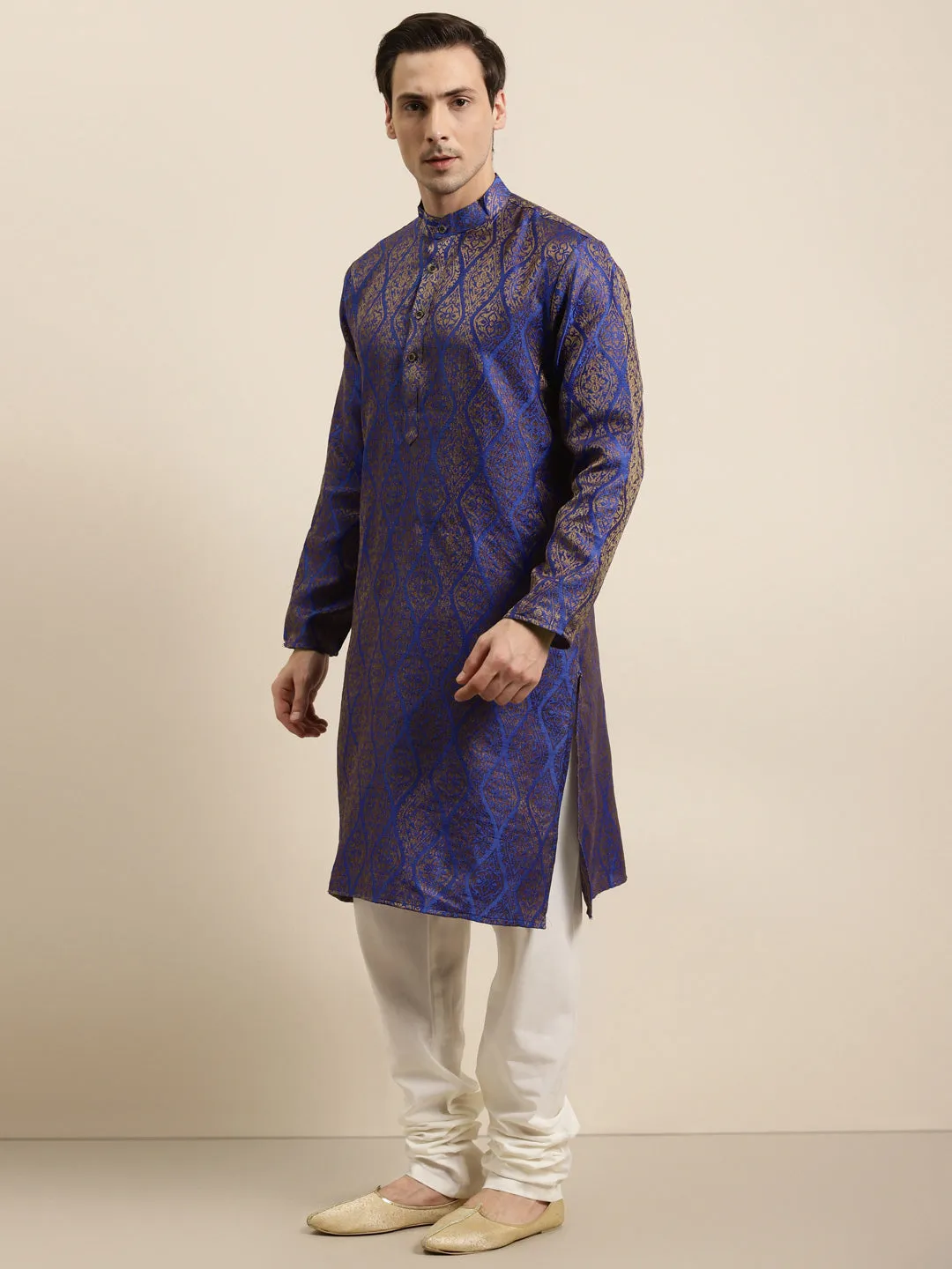 Men's Jacquard Silk Blue & Gold Kurta & Off-White Churidar Pyjama Set - Sojanya