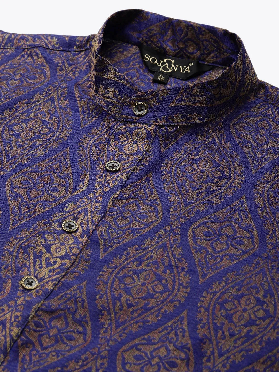 Men's Jacquard Silk Blue & Gold Kurta & Off-White Churidar Pyjama Set - Sojanya