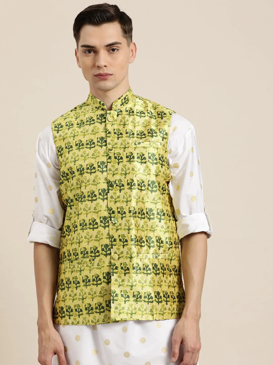 Men's Silk Blend Lime Green Printed Only Nehrujacket - Sojanya