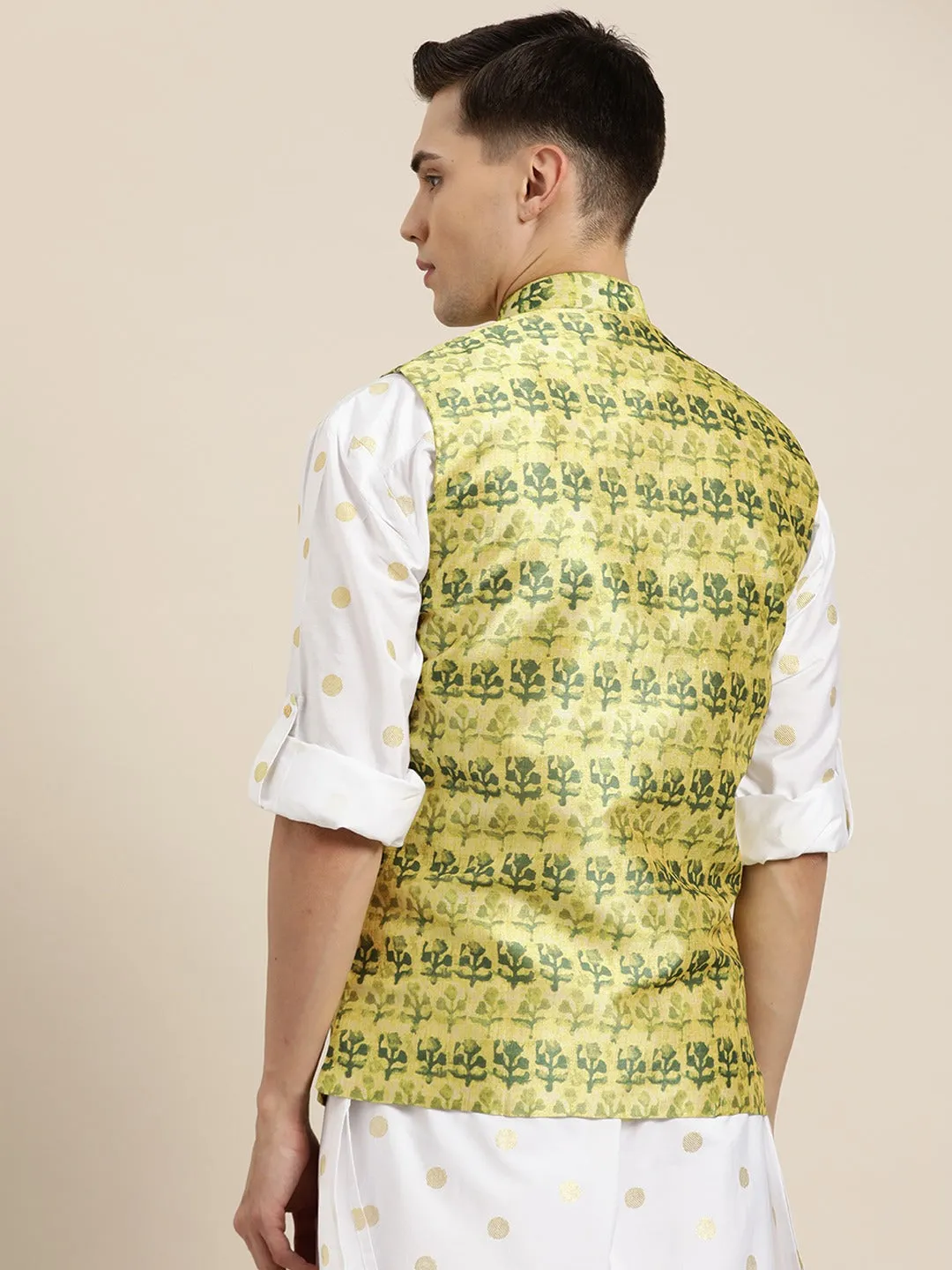 Men's Silk Blend Lime Green Printed Only Nehrujacket - Sojanya