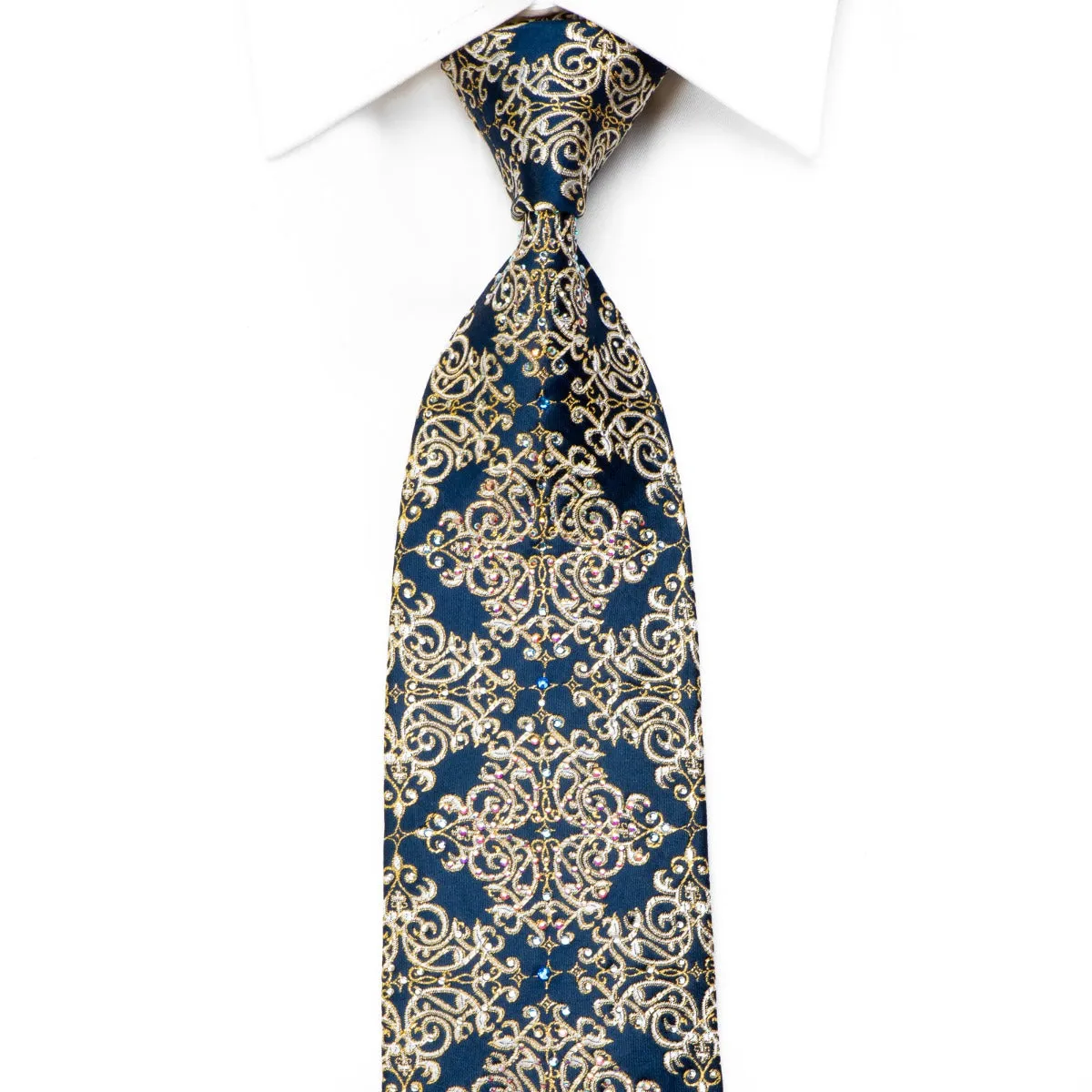 Metro City Crystal Rhinestone Necktie Gold Damask On Navy With Sparkles