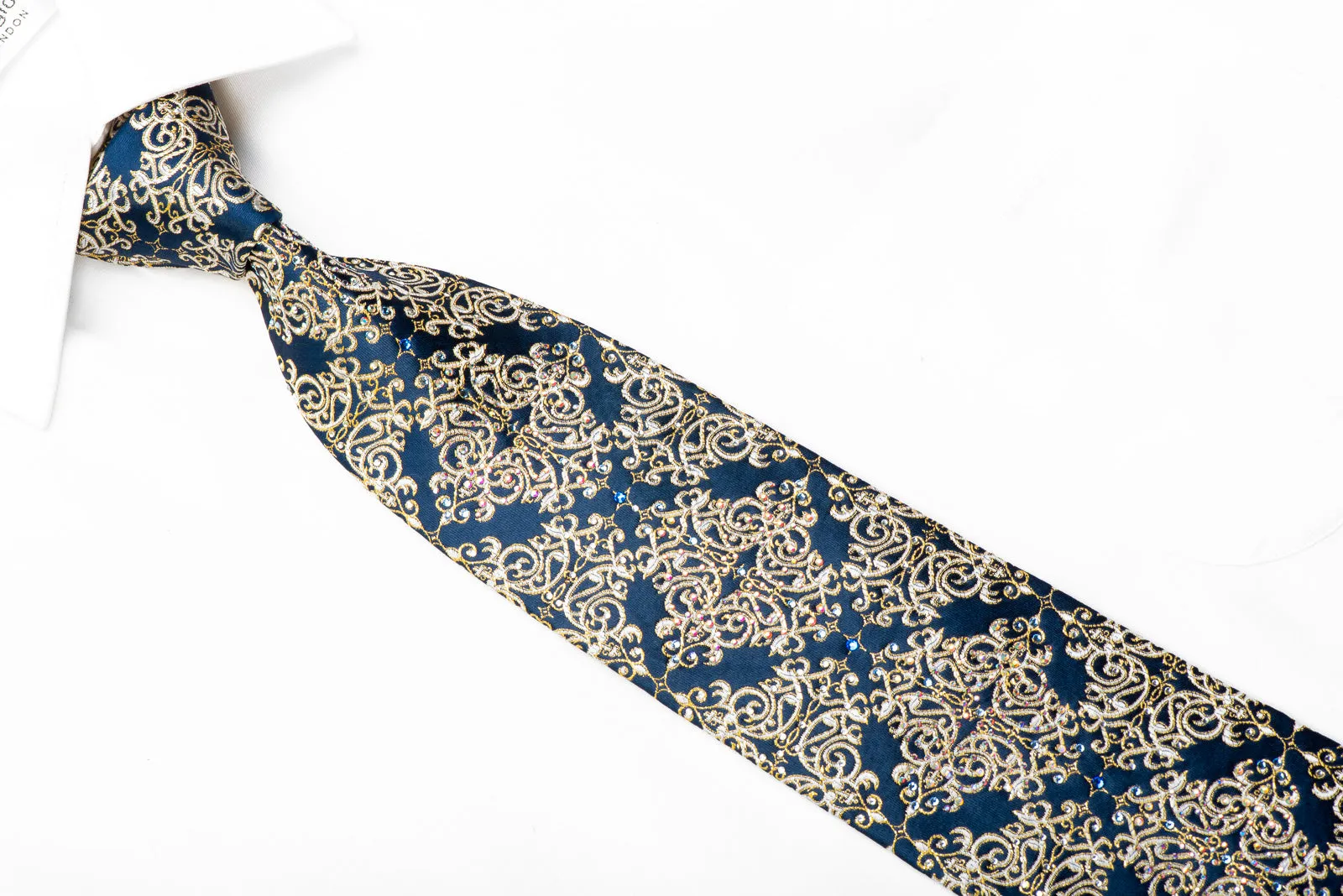 Metro City Crystal Rhinestone Necktie Gold Damask On Navy With Sparkles