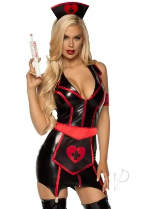 Naughty Nurse Wet Look 4pc Lg Blk/red