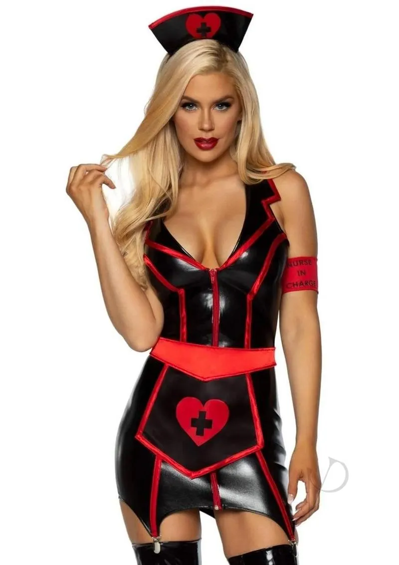 Naughty Nurse Wet Look 4pc Lg Blk/red