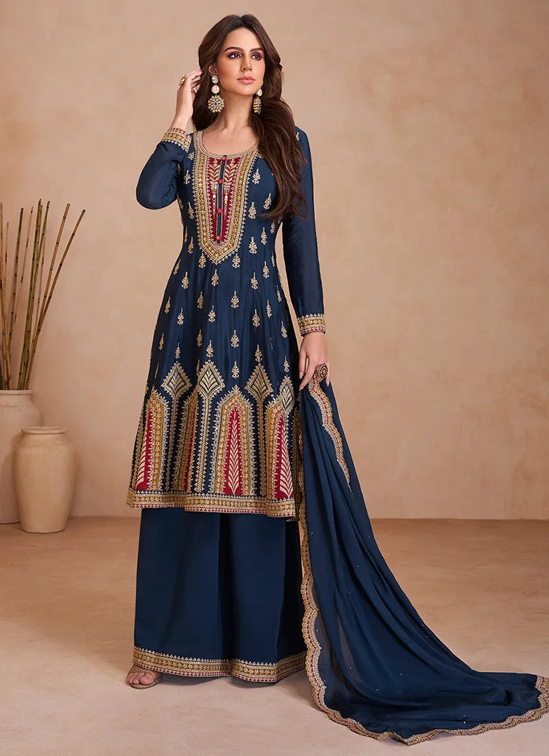 Navy Blue Traditional Embroidered Anarkali Palazzo Style Suit