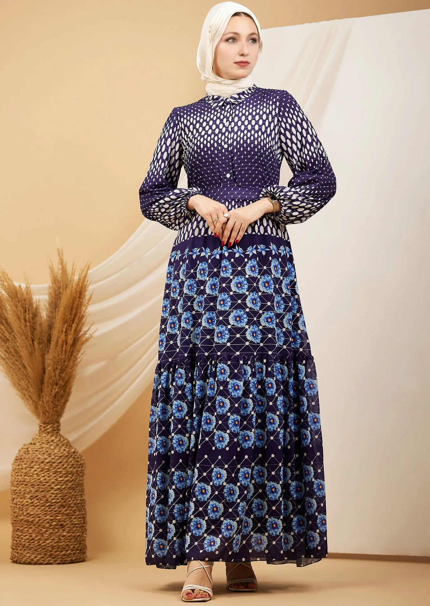 Nisreen Majestic Indigo Floral Chiffon Maxi Dress with Polymix Lining