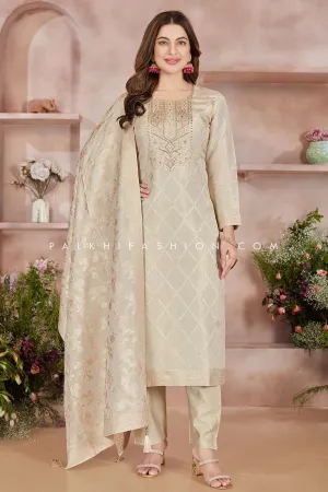 Off-white Silk Straight Cut Suit with Elegant Embroidery Work