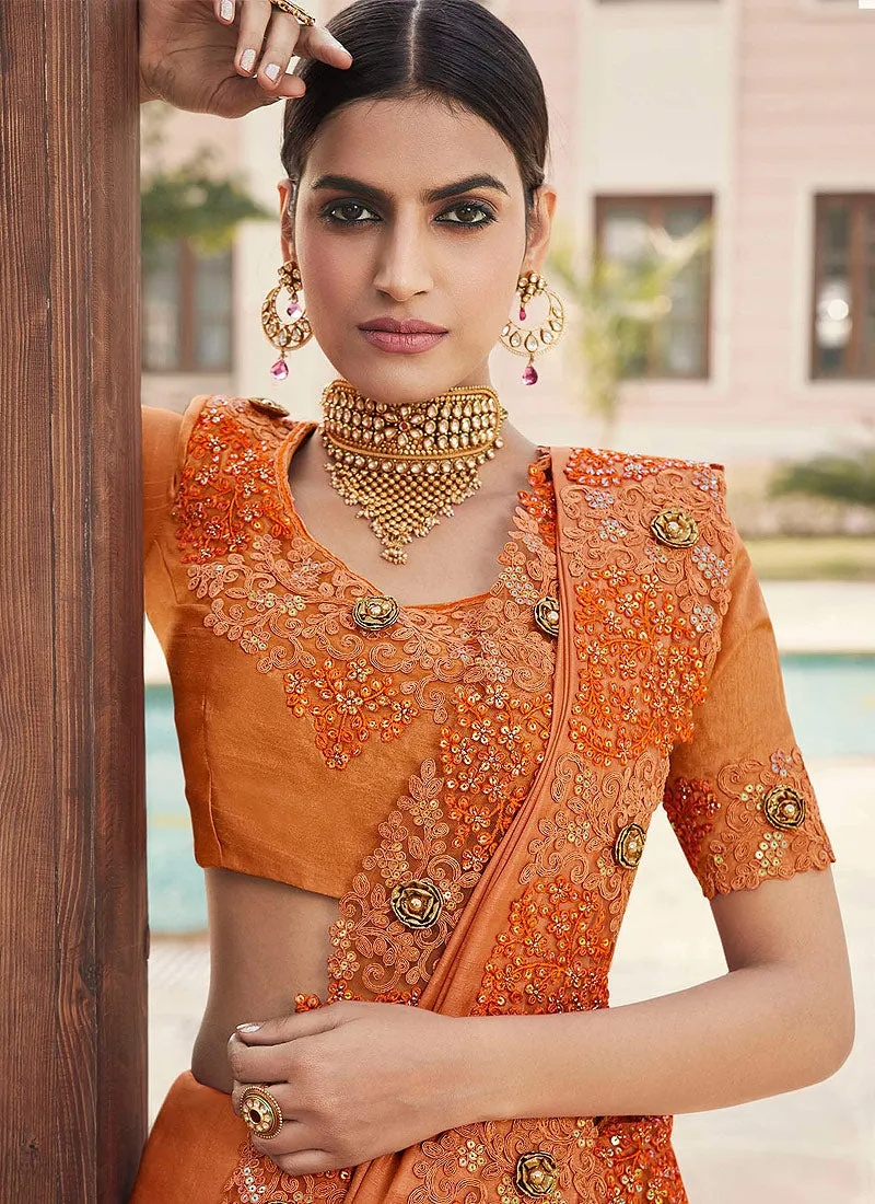 Orange Embroidered Designer Silk Saree