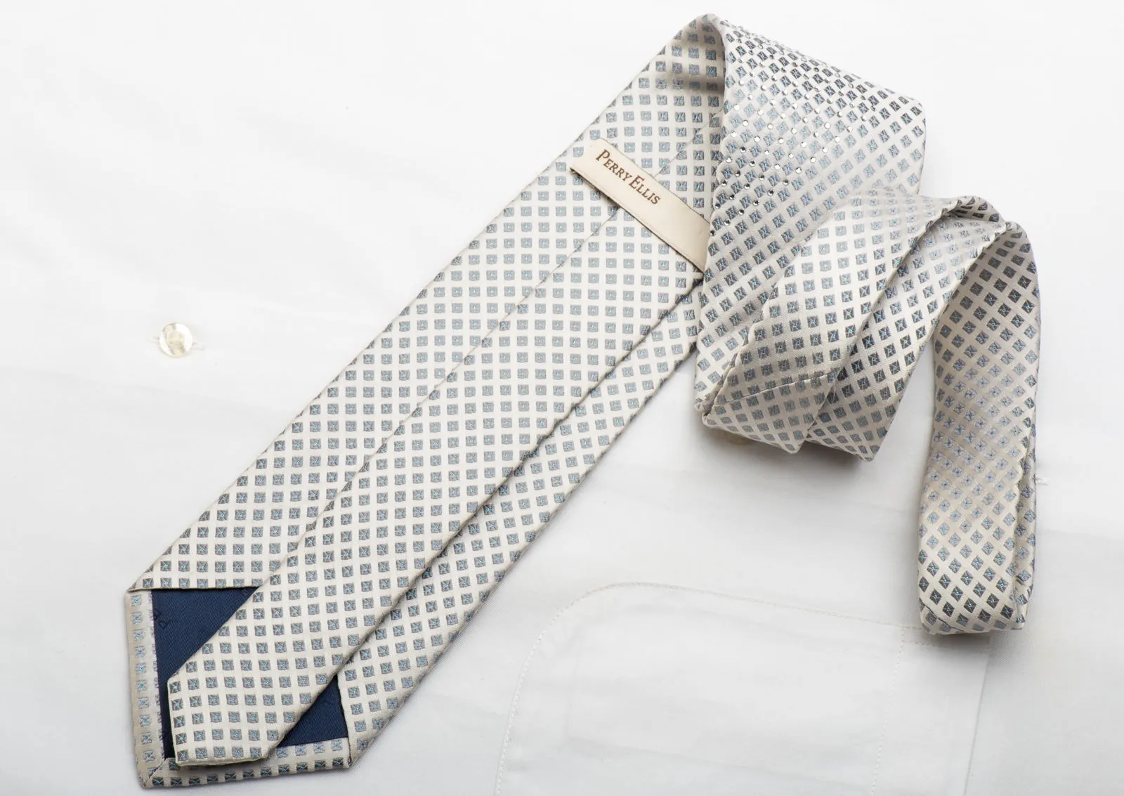 Perry Ellis Men's Silk Tie Squares On Silver With Crystal Rhinestones