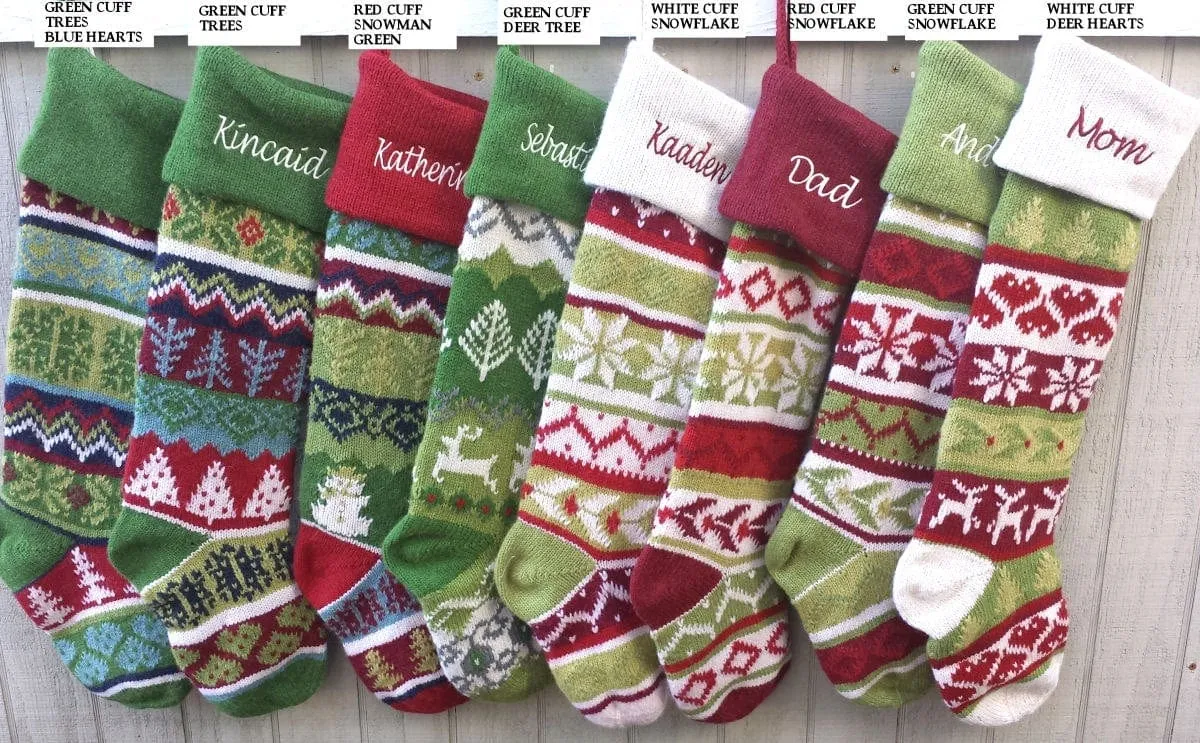 Personalized Knitted Christmas Stockings Red Green White