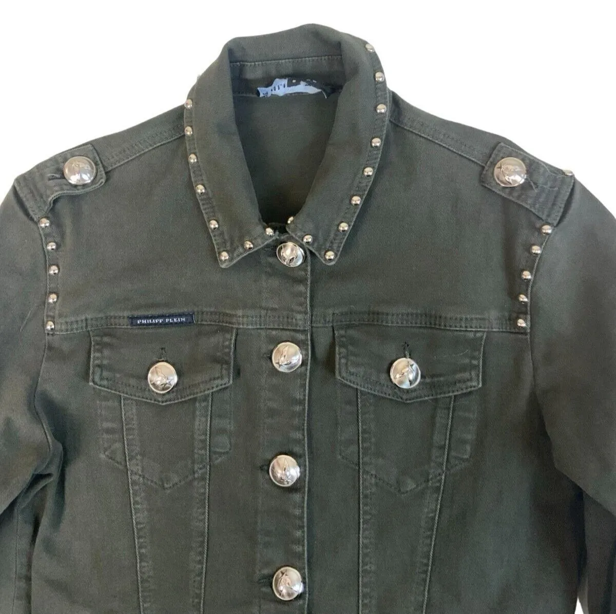 PHILIPP PLEIN COUTURE STUDDED DENIM JACKET DARK GREEN SIZE S