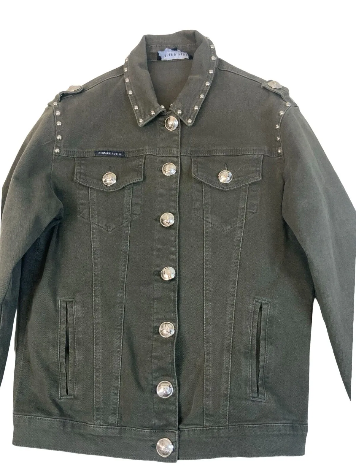 PHILIPP PLEIN COUTURE STUDDED DENIM JACKET DARK GREEN SIZE S