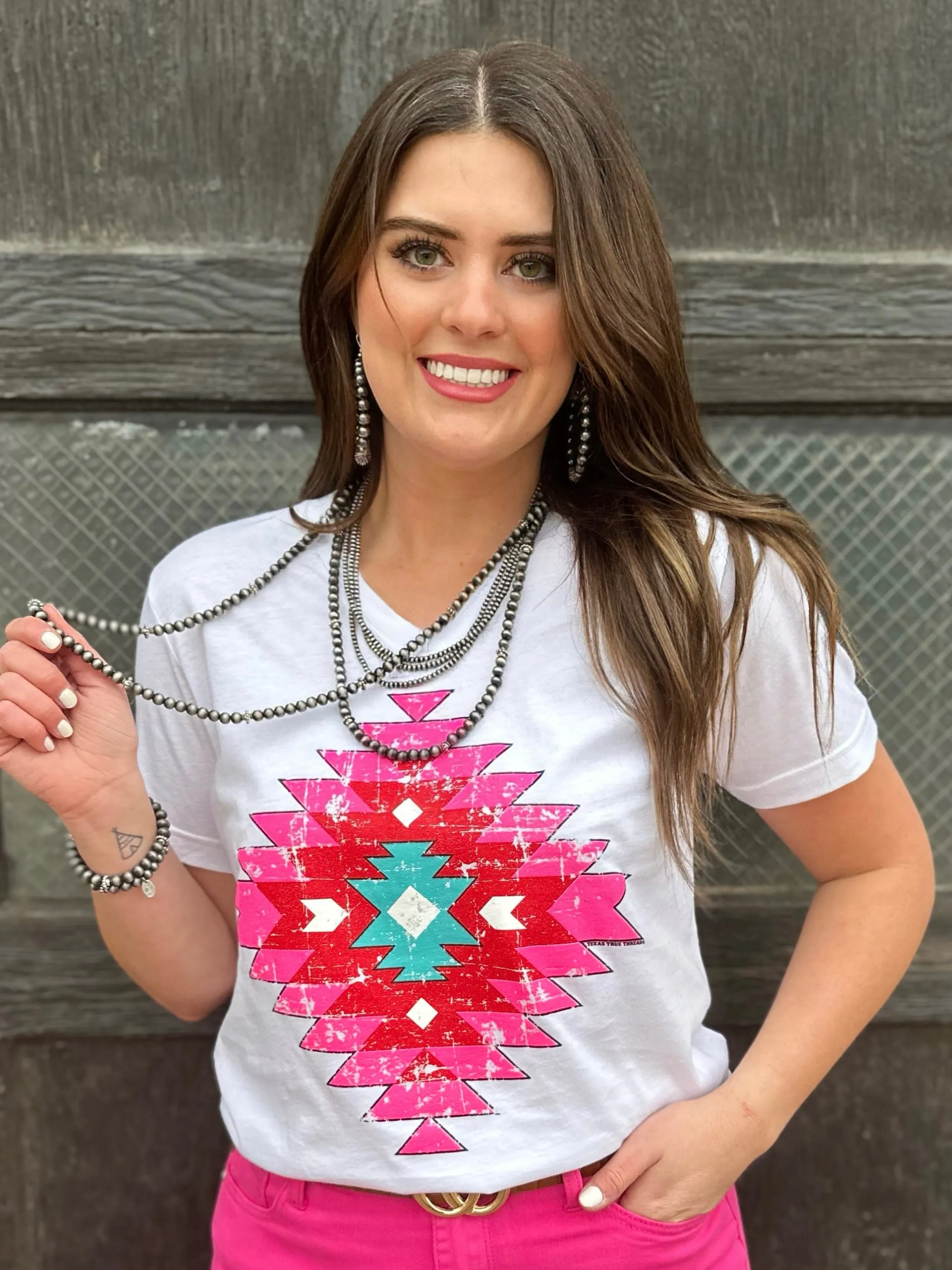 Poppin' Pink Aztec V-Neck Tee by Texas True Threads