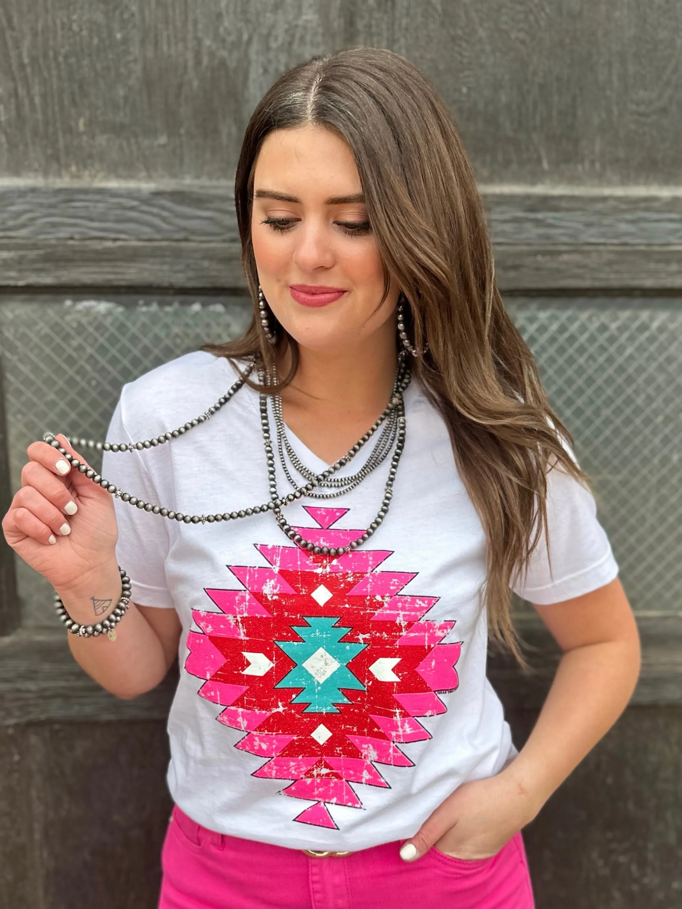 Poppin' Pink Aztec V-Neck Tee by Texas True Threads