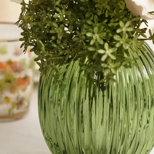 Pure Home   Living Green Ribbed Round Glass Vase - Small