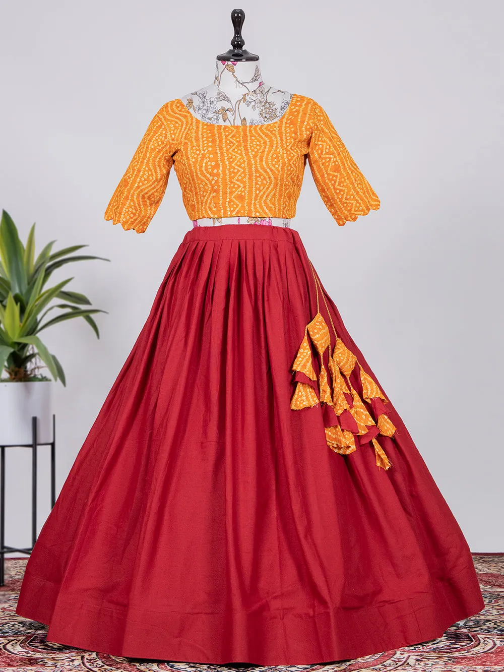 Red Color Plain Pure Cotton Co-ord Set Lehenga Choli