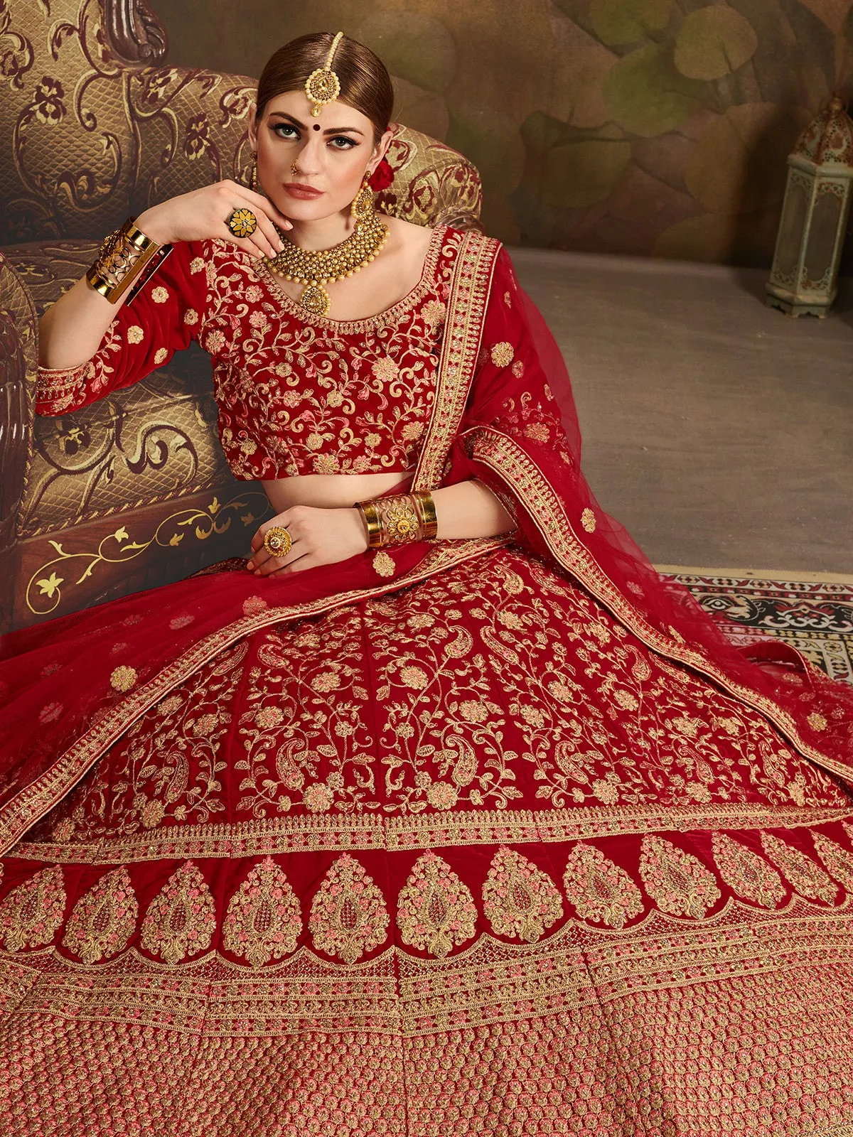 Red Elegant  Semi Stitched Lehenga With  Unstitched Blouse