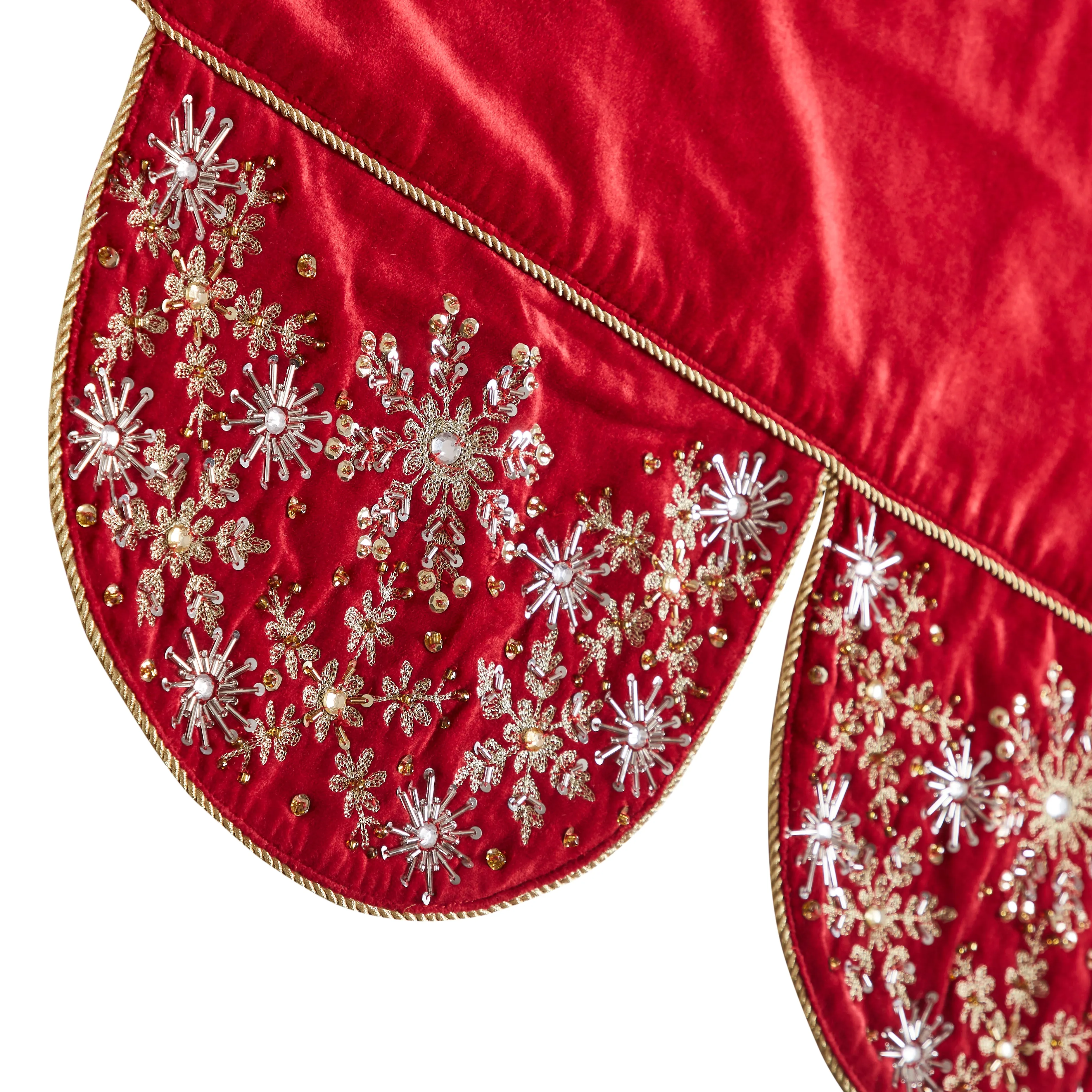 Red Velvet Mantel Scarf with Hand Beading and Crewel Embroidery - 72"