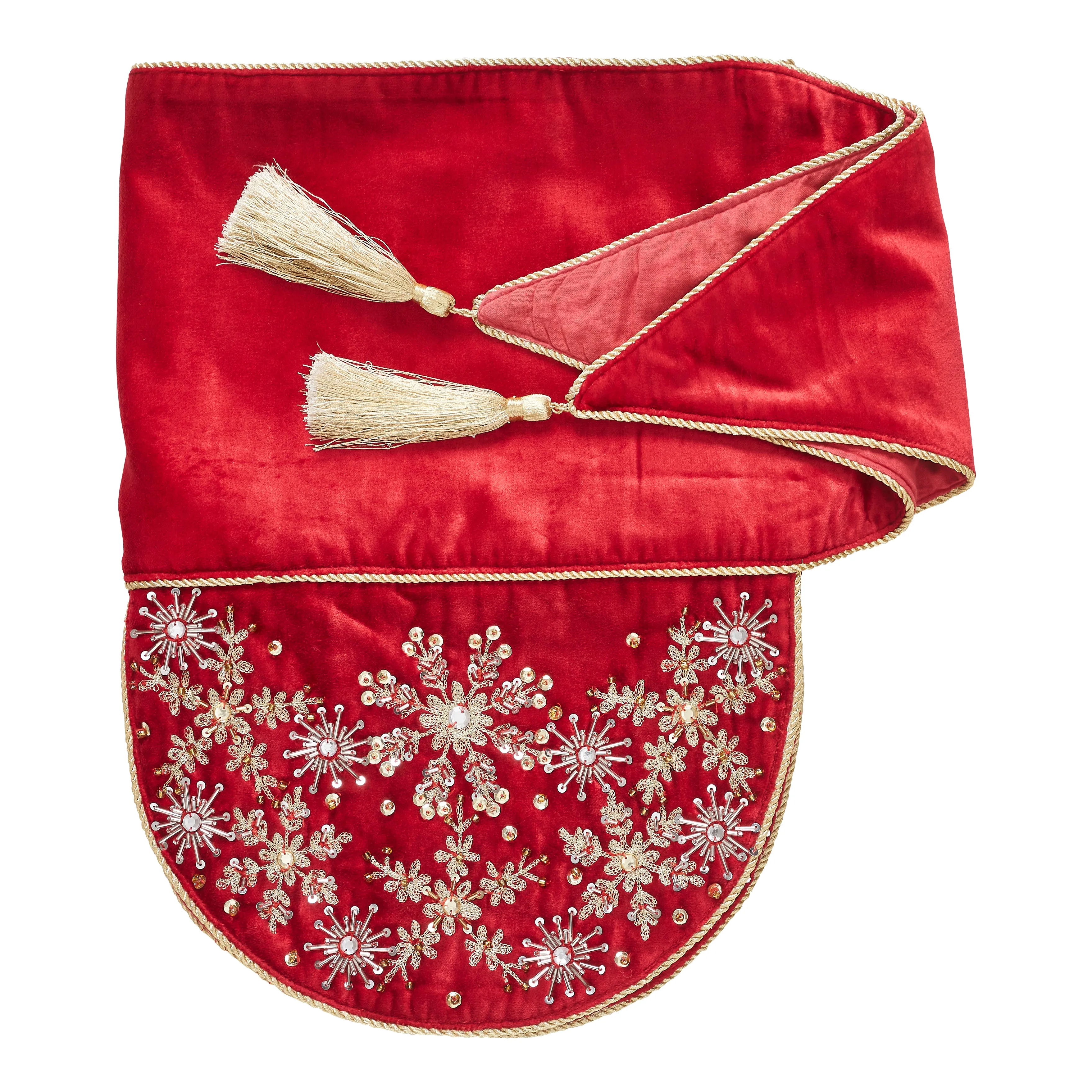 Red Velvet Mantel Scarf with Hand Beading and Crewel Embroidery - 72"