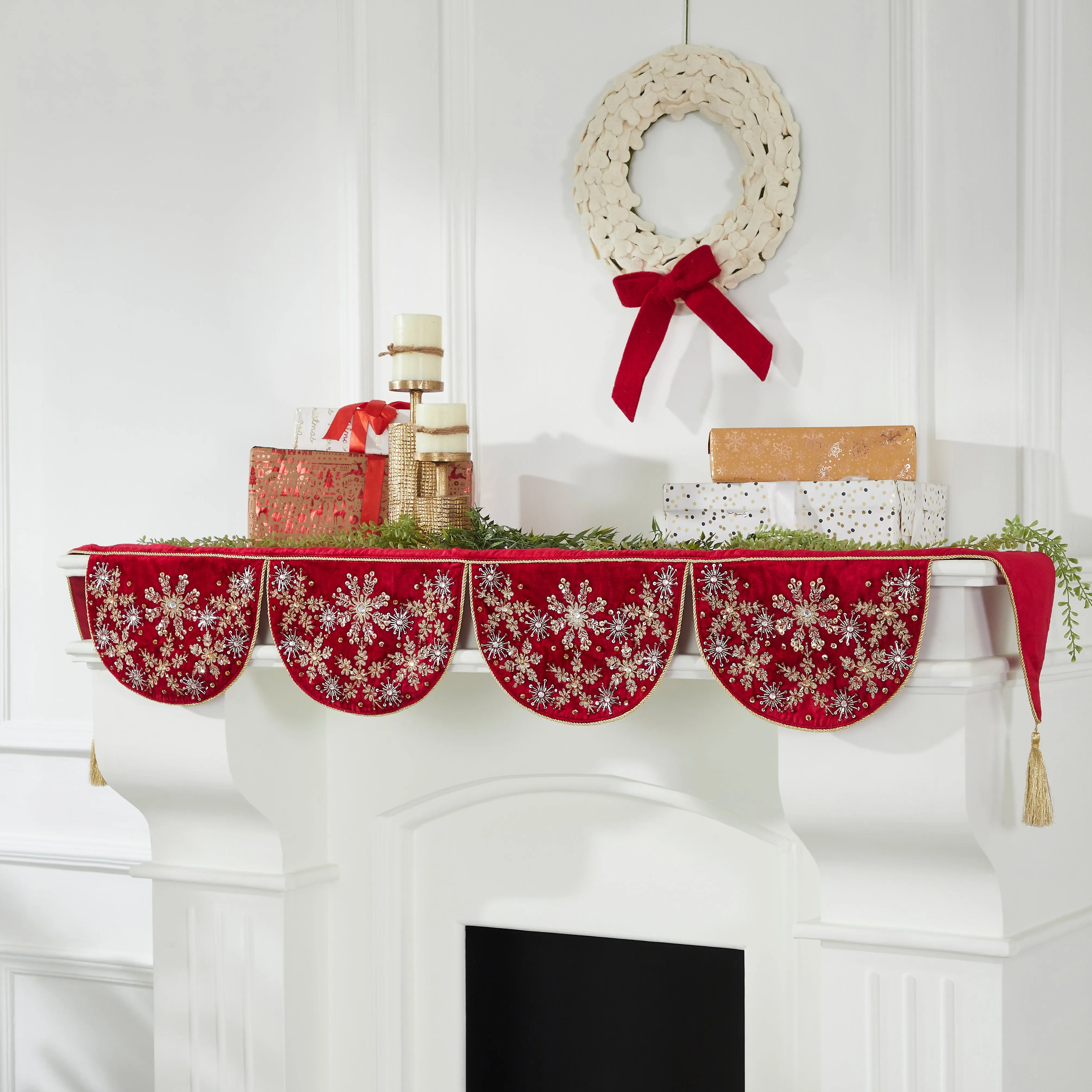 Red Velvet Mantel Scarf with Hand Beading and Crewel Embroidery - 72"