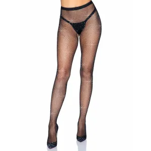 Rhinestone Fishnet Crotchless Tights - One Size - Black